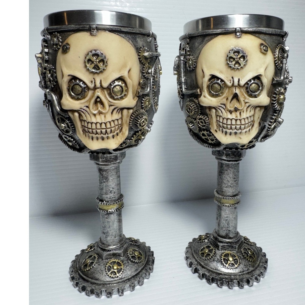 Steampunk Skull Wine Goblet Set of 2 Mechanical Gearwork Skeleton Chalice 7.5 In
